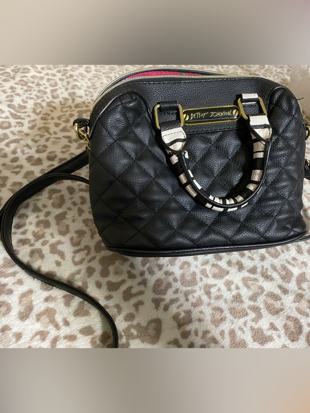 Betsey Johnson Black Quilted Satchel with Zebra-Accent Handles and Gold Hardware